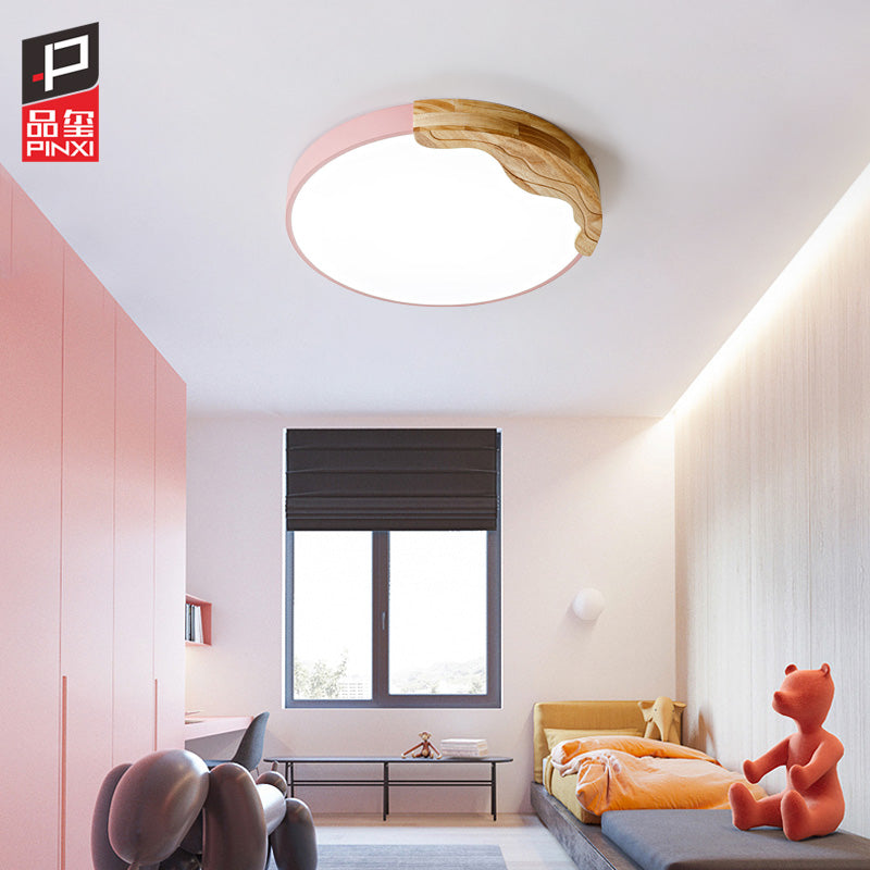 Pink Circular Flush Mount Lamp Modern Macaron Style Acrylic LED Ceiling Light Fixture with Wooden Deco, 16