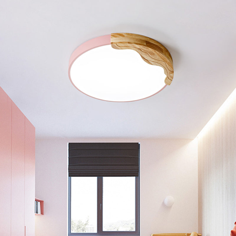 Pink Circular Flush Mount Lamp Modern Macaron Style Acrylic LED Ceiling Light Fixture with Wooden Deco, 16