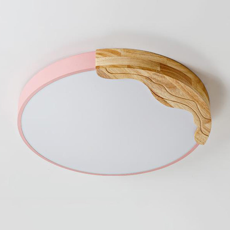 Pink Circular Flush Mount Lamp Modern Macaron Style Acrylic LED Ceiling Light Fixture with Wooden Deco, 16