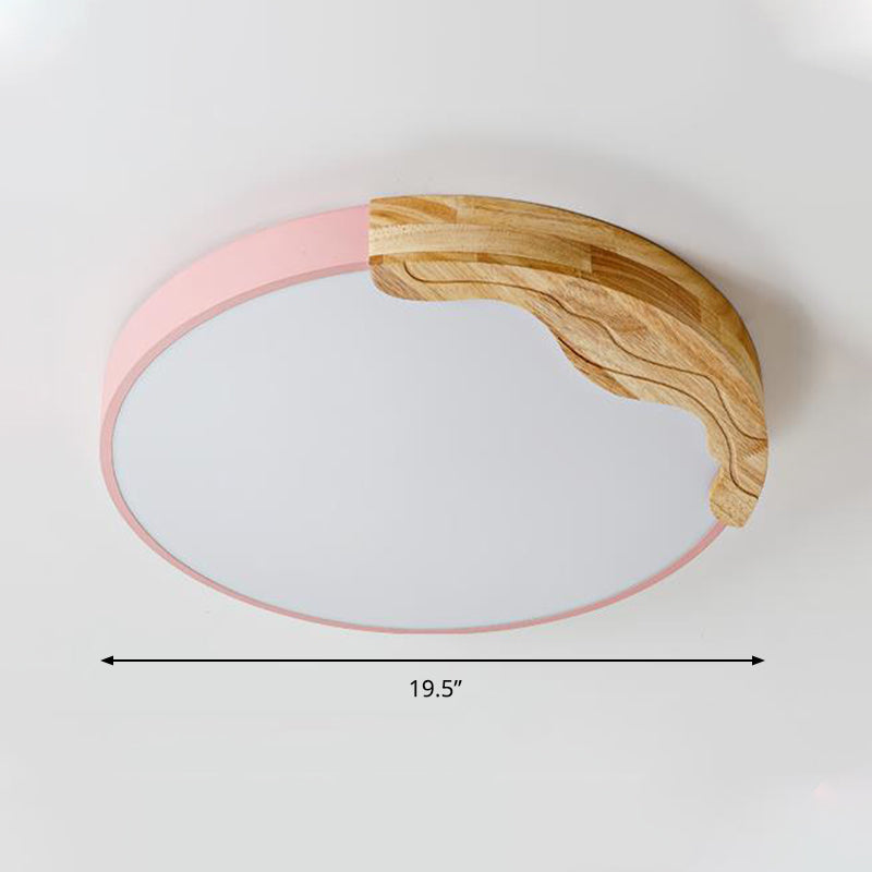 Pink Circular Flush Mount Lamp Modern Macaron Style Acrylic LED Ceiling Light Fixture with Wooden Deco, 16