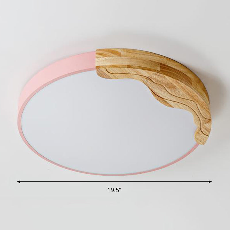 Pink Circular Flush Mount Lamp Modern Macaron Style Acrylic LED Ceiling Light Fixture with Wooden Deco, 16