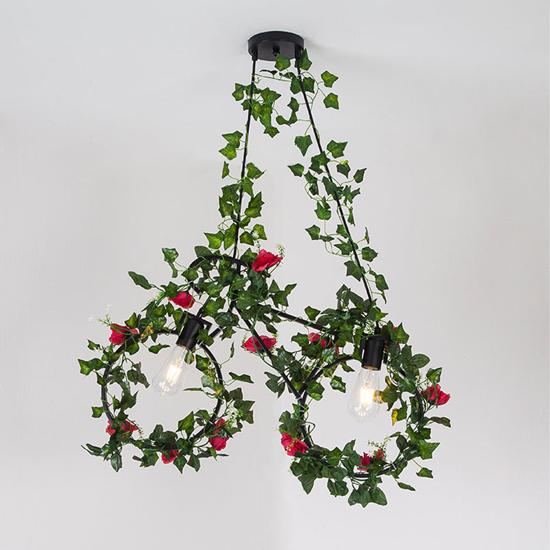 Black 2 Heads Cluster Pendant Farm Style Metal Bicycle Shaped Down Lighting with Plant Deco Clearhalo 'Ceiling Lights' 'Pendant Lights' 'Pendants' Lighting' 2181991