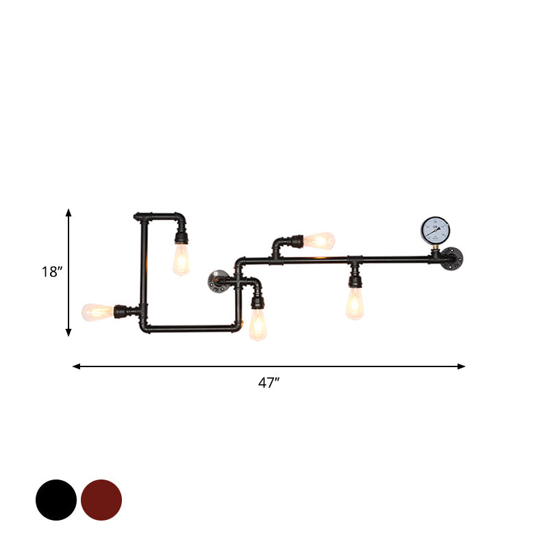 5 Heads Wall Light Fixture Warehouse Maze Metallic Sconce in Black/Rust with Open Bulb and Gauge Deco Clearhalo 'Art deco wall lights' 'Cast Iron' 'Glass' 'Industrial wall lights' 'Industrial' 'Middle century wall lights' 'Modern' 'Rustic wall lights' 'Tiffany' 'Traditional wall lights' 'Wall Lamps & Sconces' 'Wall Lights' Lighting' 2182041