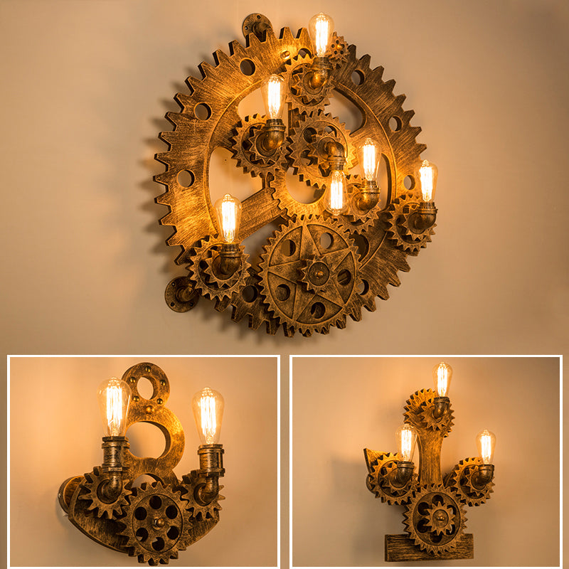 Brass 6 Lights Sconce Light Fixture Industrial Iron Gear Wall Mount Lighting with Exposed Bulb Design Clearhalo 'Art deco wall lights' 'Cast Iron' 'Glass' 'Industrial wall lights' 'Industrial' 'Middle century wall lights' 'Modern' 'Rustic wall lights' 'Tiffany' 'Traditional wall lights' 'Wall Lamps & Sconces' 'Wall Lights' Lighting' 2182056