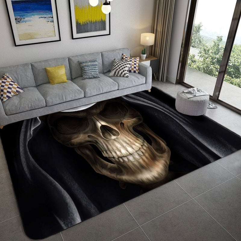 Hip Hop Living Room Rug Black Optical Illusions Skull Carpet Polypropylene Stain Resistant Pet Friendly Anti-Slip Backing Area Rug Clearhalo 'Area Rug' 'Rug' 2183726