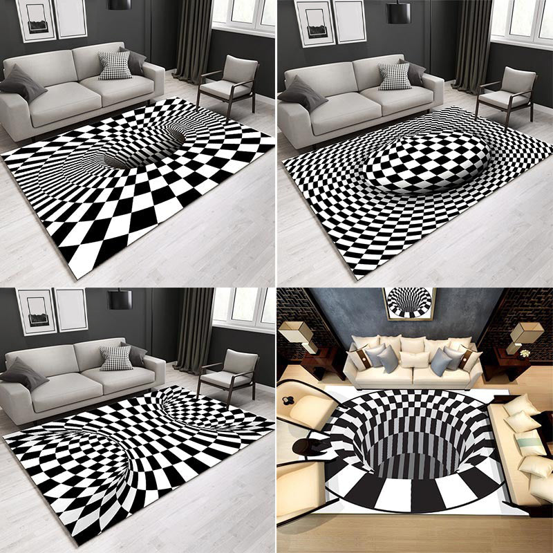 Decorative Black-White Modern Rug Polyester 3D Trick Art Checkered Pattern Rug Stain Resistant Non-Slip Backing Washable Carpet for Home Clearhalo 'Area Rug' 'Rug' 2183839