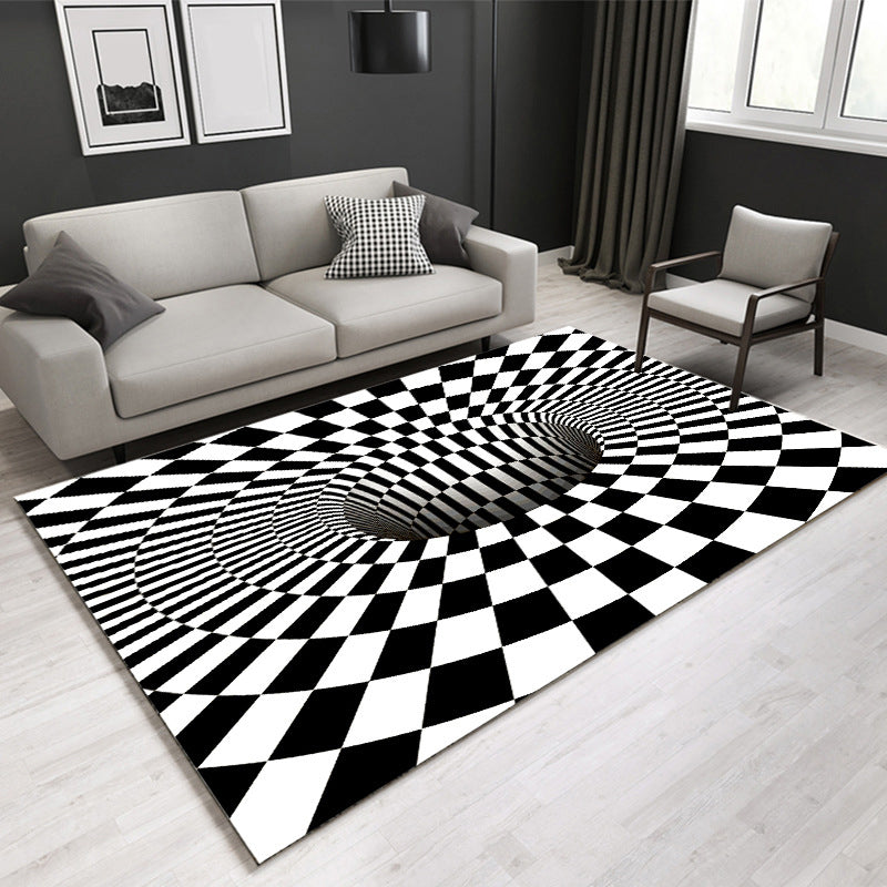 Decorative Black-White Modern Rug Polyester 3D Trick Art Checkered Pattern Rug Stain Resistant Non-Slip Backing Washable Carpet for Home Black-White Design 1 Clearhalo 'Area Rug' 'Rug' 2183840