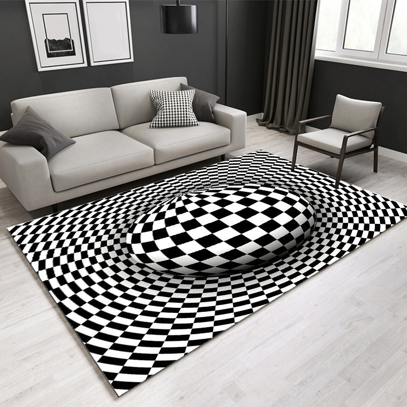 Decorative Black-White Modern Rug Polyester 3D Trick Art Checkered Pattern Rug Stain Resistant Non-Slip Backing Washable Carpet for Home Black-White Design 4 Clearhalo 'Area Rug' 'Rug' 2183842