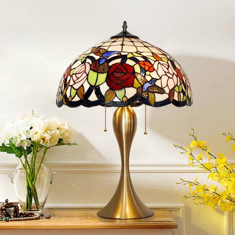 Dome Nightstand Lamp Traditional Stained Glass 3 Heads Brass Pull Chain Table Light with Floral and Bird Pattern Brass A Clearhalo 'Lamps' 'Table Lamps' Lighting' 2186358