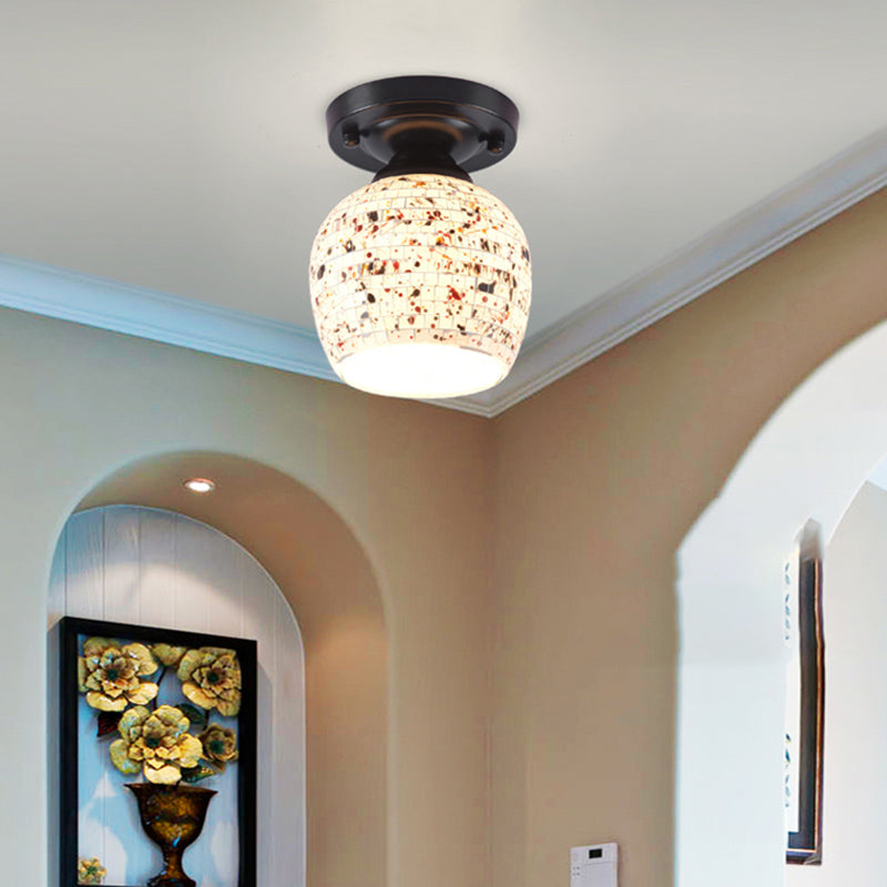 Shaded Semi Flush Mount 1-Light Handcrafted Glass Tiffany Style Ceiling Mounted Light Ivory Clearhalo 'Ceiling Lights' 'Close To Ceiling Lights' 'Close to ceiling' 'Glass shade' 'Glass' 'Pendant Lights' 'Semi-flushmount' 'Tiffany close to ceiling' 'Tiffany' Lighting' 2186400