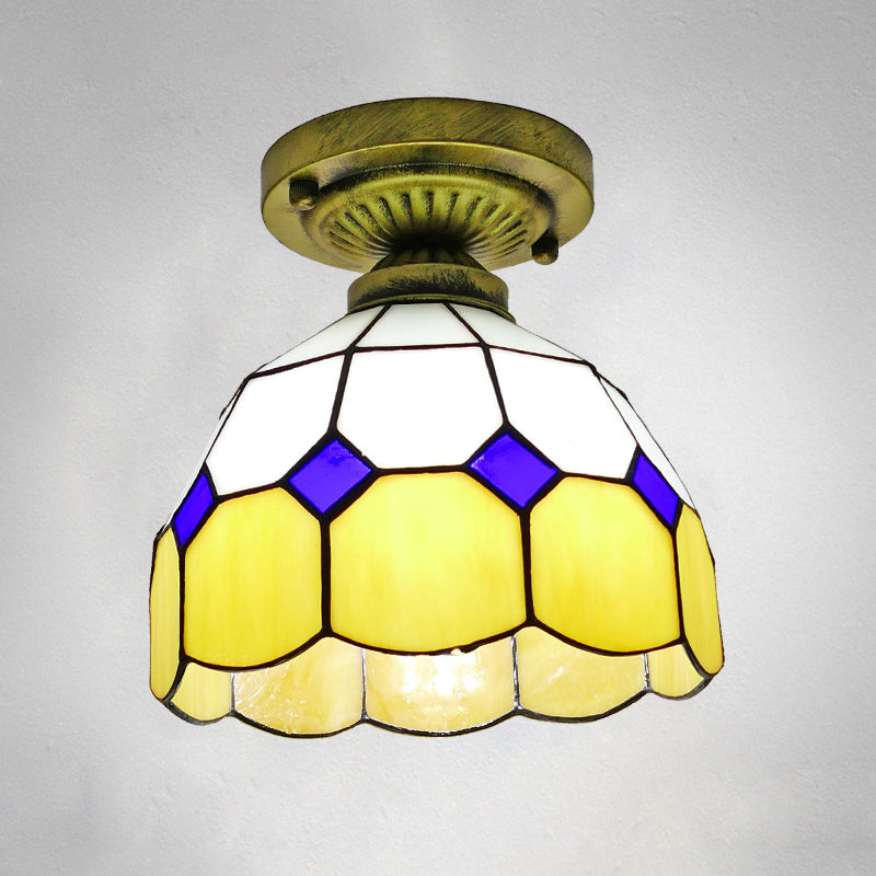 1������Head Flush Mount Light Classic Bell Shade Gridded Glass Semi Flush Ceiling Light Clearhalo 'Ceiling Lights' 'Close To Ceiling Lights' 'Close to ceiling' 'Glass shade' 'Glass' 'Semi-flushmount' 'Tiffany close to ceiling' 'Tiffany' Lighting' 2186403