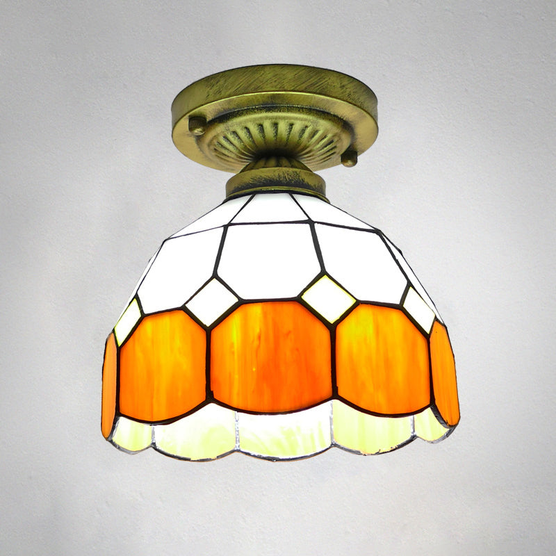 1������Head Flush Mount Light Classic Bell Shade Gridded Glass Semi Flush Ceiling Light Orange 8