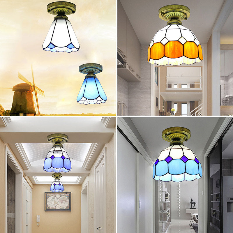 1������Head Flush Mount Light Classic Bell Shade Gridded Glass Semi Flush Ceiling Light Clearhalo 'Ceiling Lights' 'Close To Ceiling Lights' 'Close to ceiling' 'Glass shade' 'Glass' 'Semi-flushmount' 'Tiffany close to ceiling' 'Tiffany' Lighting' 2186412