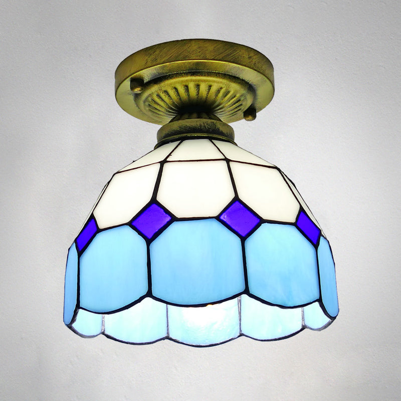 1������Head Flush Mount Light Classic Bell Shade Gridded Glass Semi Flush Ceiling Light Sky Blue 8