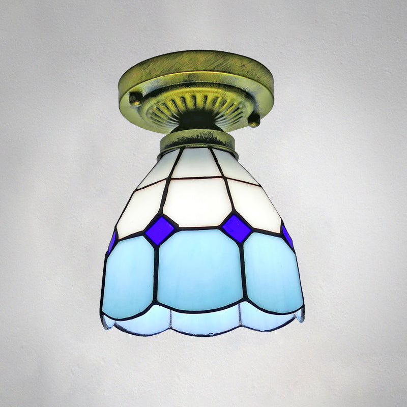 1������Head Flush Mount Light Classic Bell Shade Gridded Glass Semi Flush Ceiling Light Sky Blue 6