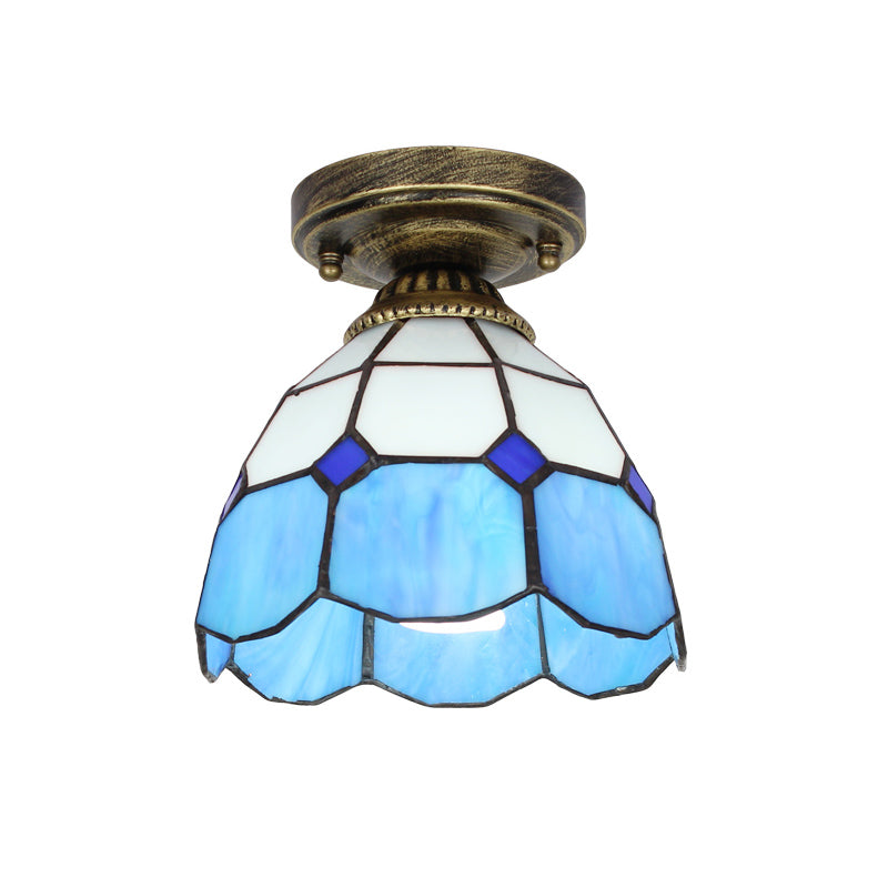 Tiffany Bell Shaped Semi Flush Light Single Gridded Glass Ceiling Flush Mount with Scalloped Trim Clearhalo 'Ceiling Lights' 'Close To Ceiling Lights' 'Close to ceiling' 'Glass shade' 'Glass' 'Semi-flushmount' 'Tiffany close to ceiling' 'Tiffany' Lighting' 2186417