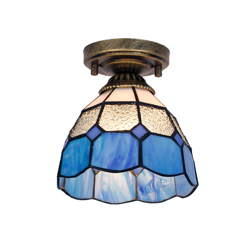 Tiffany Bell Shaped Semi Flush Light Single Gridded Glass Ceiling Flush Mount with Scalloped Trim Clearhalo 'Ceiling Lights' 'Close To Ceiling Lights' 'Close to ceiling' 'Glass shade' 'Glass' 'Semi-flushmount' 'Tiffany close to ceiling' 'Tiffany' Lighting' 2186419