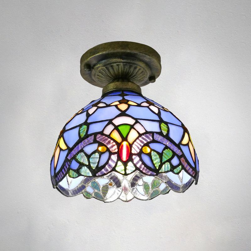 Dome Ceiling Light 1������Bulb Stained Glass Vintage Semi Flush Light Fixture for Corridor Blue 8