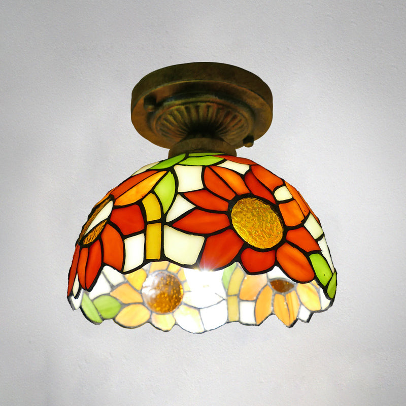 Dome Ceiling Light 1������Bulb Stained Glass Vintage Semi Flush Light Fixture for Corridor Orange 8