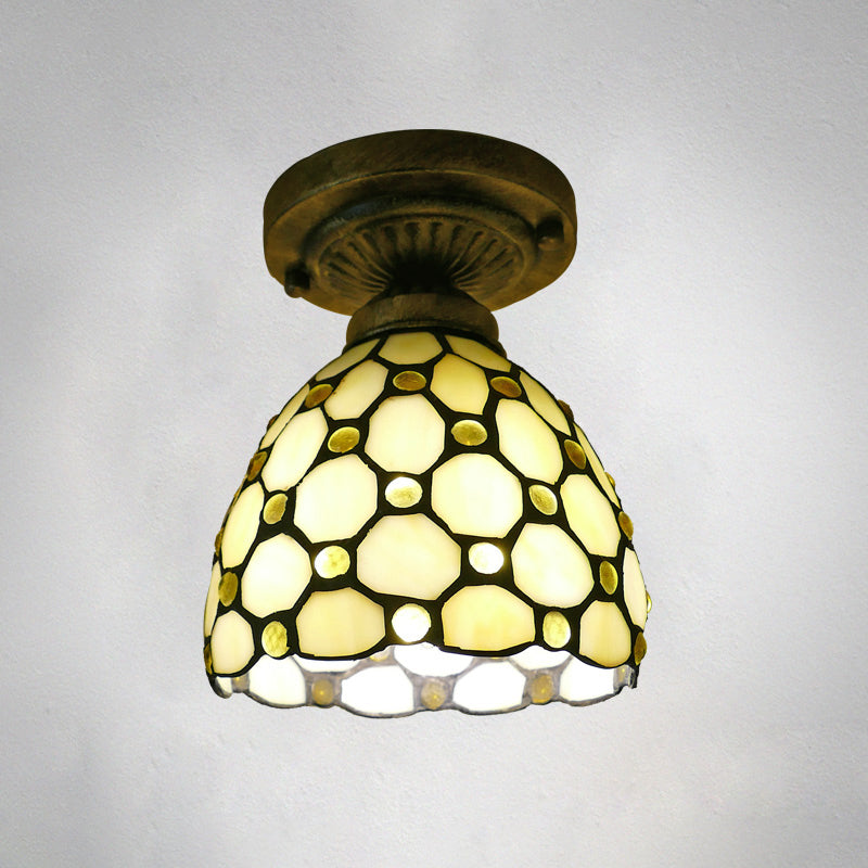 Dome Ceiling Light 1������Bulb Stained Glass Vintage Semi Flush Light Fixture for Corridor Light Yellow 6