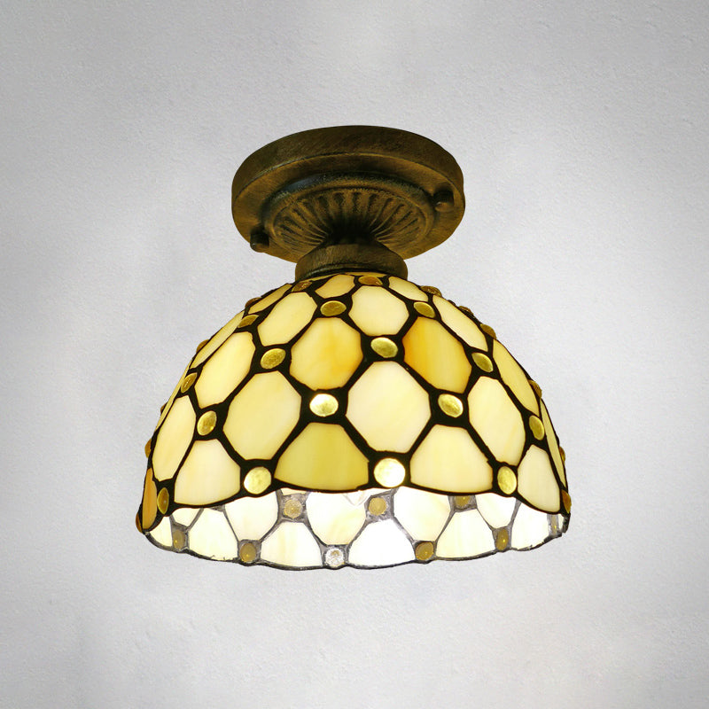 Dome Ceiling Light 1������Bulb Stained Glass Vintage Semi Flush Light Fixture for Corridor Light Yellow 8