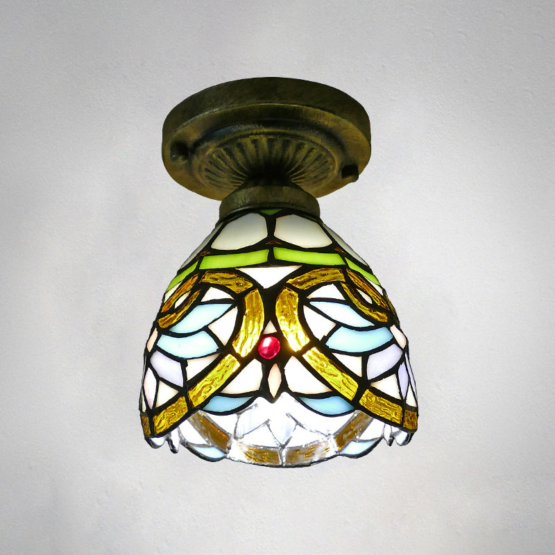 Dome Ceiling Light 1������Bulb Stained Glass Vintage Semi Flush Light Fixture for Corridor Gold 6