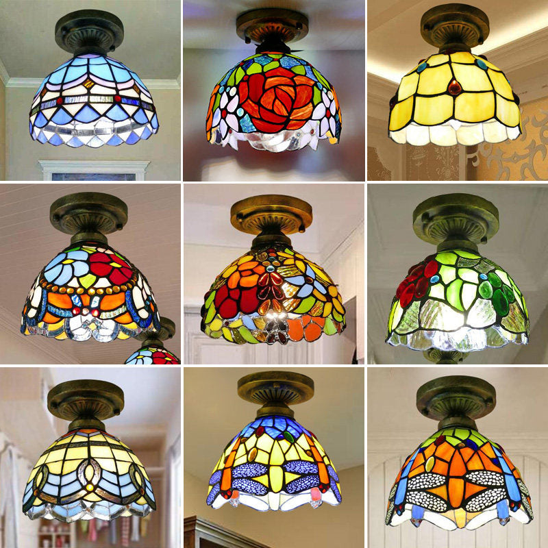 Single Semi Flush Tiffany Style Bowl Shade Stained Art Glass Flush Ceiling Light Fixture Clearhalo 'Ceiling Lights' 'Close To Ceiling Lights' 'Close to ceiling' 'Glass shade' 'Glass' 'Semi-flushmount' 'Tiffany close to ceiling' 'Tiffany' Lighting' 2186438