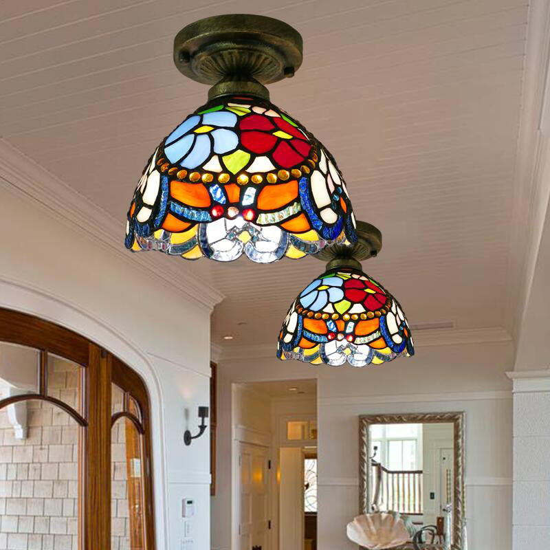 Single Semi Flush Tiffany Style Bowl Shade Stained Art Glass Flush Ceiling Light Fixture Clearhalo 'Ceiling Lights' 'Close To Ceiling Lights' 'Close to ceiling' 'Glass shade' 'Glass' 'Semi-flushmount' 'Tiffany close to ceiling' 'Tiffany' Lighting' 2186439