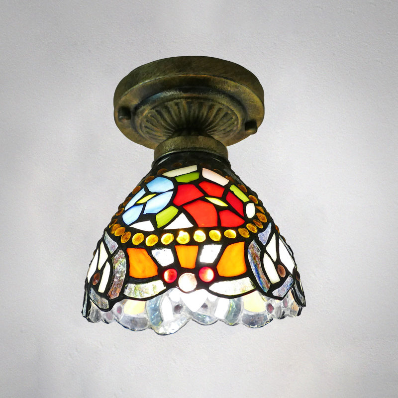 Single Semi Flush Tiffany Style Bowl Shade Stained Art Glass Flush Ceiling Light Fixture Red 6