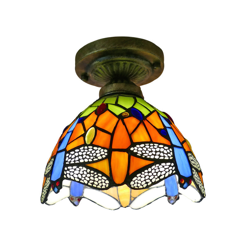 Single Semi Flush Tiffany Style Bowl Shade Stained Art Glass Flush Ceiling Light Fixture Clearhalo 'Ceiling Lights' 'Close To Ceiling Lights' 'Close to ceiling' 'Glass shade' 'Glass' 'Semi-flushmount' 'Tiffany close to ceiling' 'Tiffany' Lighting' 2186445