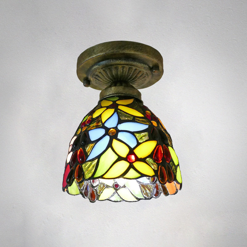 Single Semi Flush Tiffany Style Bowl Shade Stained Art Glass Flush Ceiling Light Fixture Yellow 6