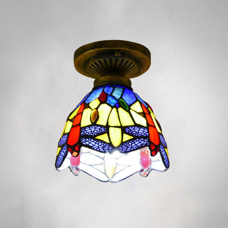 Single Semi Flush Tiffany Style Bowl Shade Stained Art Glass Flush Ceiling Light Fixture Royal Blue 6