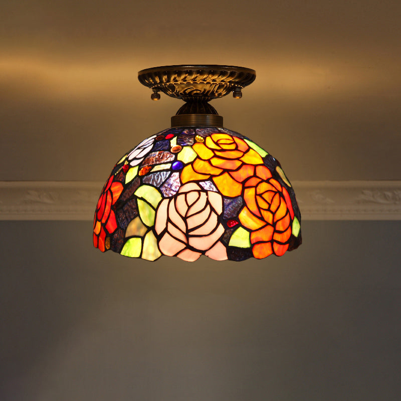 Decorative Dome Shade Semi Flush Mount 1-Light Stained Glass Ceiling Mounted Light Orange Red Clearhalo 'Ceiling Lights' 'Close To Ceiling Lights' 'Close to ceiling' 'Glass shade' 'Glass' 'Semi-flushmount' 'Tiffany close to ceiling' 'Tiffany' Lighting' 2186458