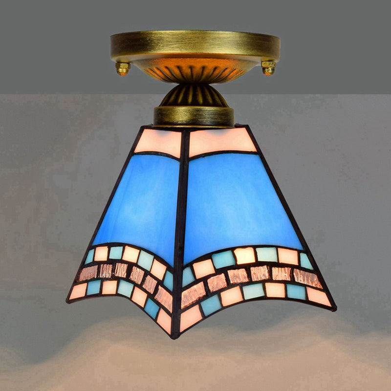 Shaded Flush Mount Light Tiffany Single-Bulb Stained Art Glass Semi Flush Ceiling Light Dark Blue Clearhalo 'Ceiling Lights' 'Close To Ceiling Lights' 'Close to ceiling' 'Glass shade' 'Glass' 'Semi-flushmount' 'Tiffany close to ceiling' 'Tiffany' Lighting' 2186463