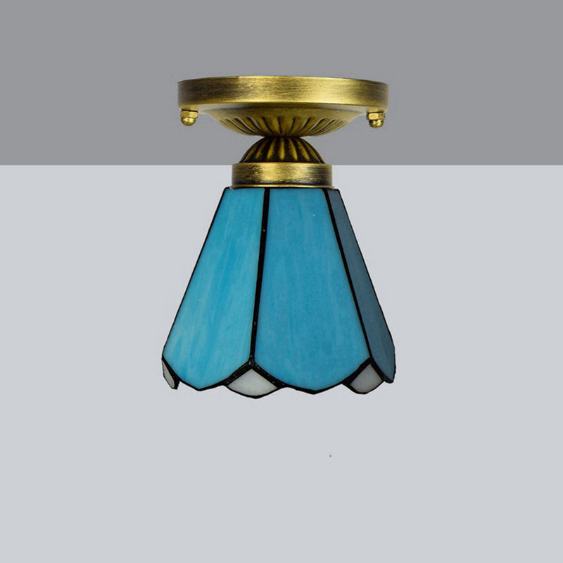 Shaded Flush Mount Light Tiffany Single-Bulb Stained Art Glass Semi Flush Ceiling Light Lake Blue Clearhalo 'Ceiling Lights' 'Close To Ceiling Lights' 'Close to ceiling' 'Glass shade' 'Glass' 'Semi-flushmount' 'Tiffany close to ceiling' 'Tiffany' Lighting' 2186470