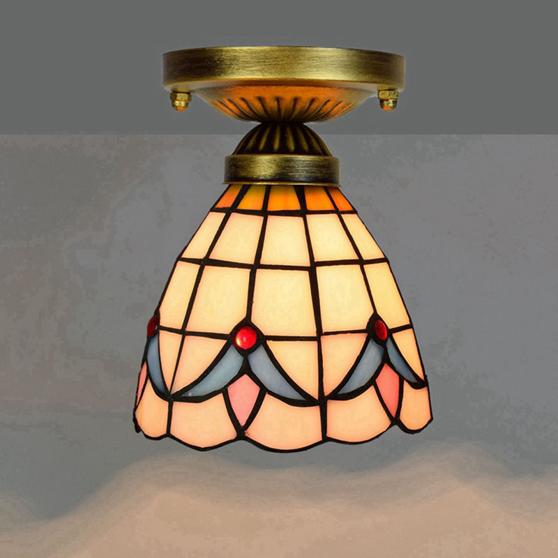 Shaded Flush Mount Light Tiffany Single-Bulb Stained Art Glass Semi Flush Ceiling Light White Clearhalo 'Ceiling Lights' 'Close To Ceiling Lights' 'Close to ceiling' 'Glass shade' 'Glass' 'Semi-flushmount' 'Tiffany close to ceiling' 'Tiffany' Lighting' 2186476