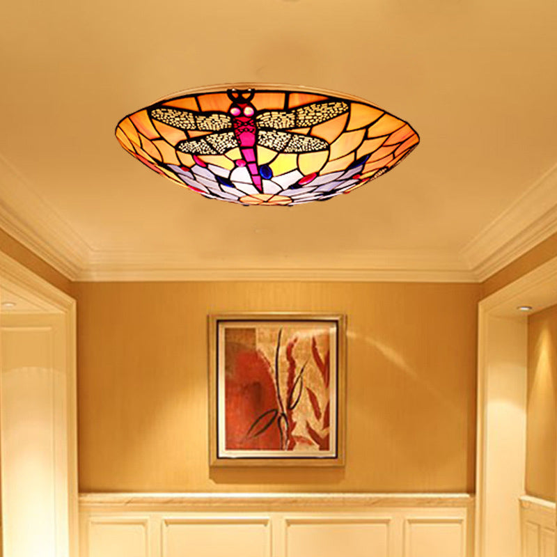 3 Bulbs Flush Mount Tiffany Style Dragonfly Pattern Handcrafted Glass Flushmount Ceiling Light Orange Clearhalo 'Ceiling Lights' 'Close To Ceiling Lights' 'Close to ceiling' 'Flush mount' Lighting' 2186478