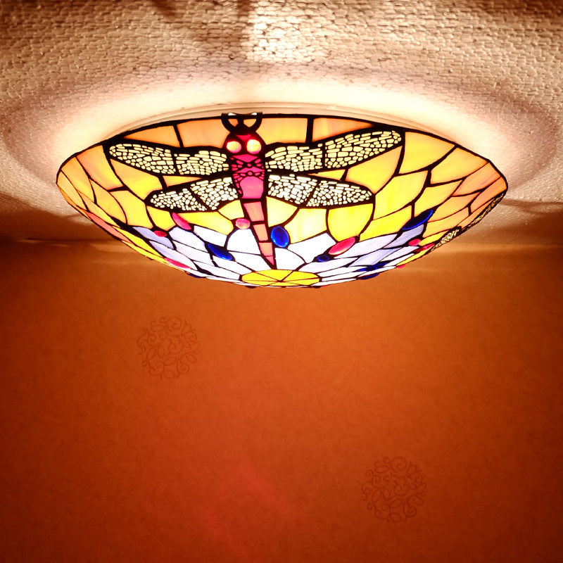 3 Bulbs Flush Mount Tiffany Style Dragonfly Pattern Handcrafted Glass Flushmount Ceiling Light Clearhalo 'Ceiling Lights' 'Close To Ceiling Lights' 'Close to ceiling' 'Flush mount' Lighting' 2186481