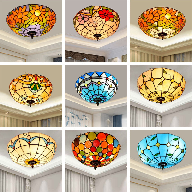 Traditional Bowl Shade Flush Ceiling Light Stained Art Glass Flush Mount Lighting Fixture Clearhalo 'Ceiling Lights' 'Close To Ceiling Lights' 'Close to ceiling' 'Flush mount' Lighting' 2186484