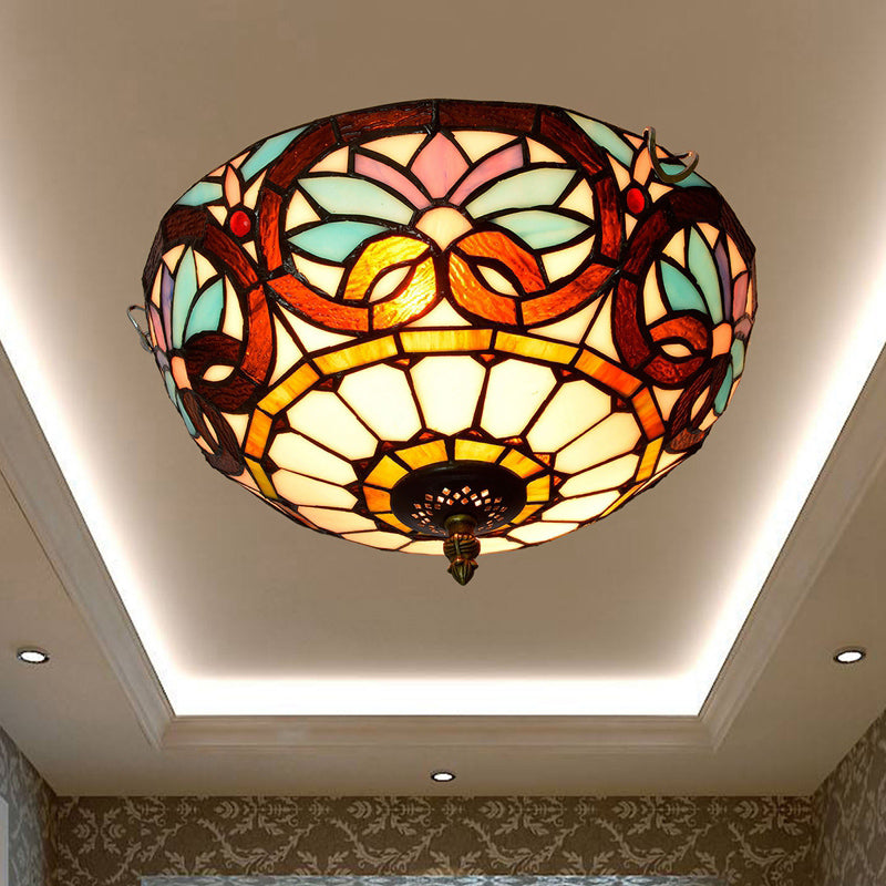 Traditional Bowl Shade Flush Ceiling Light Stained Art Glass Flush Mount Lighting Fixture Brown 12