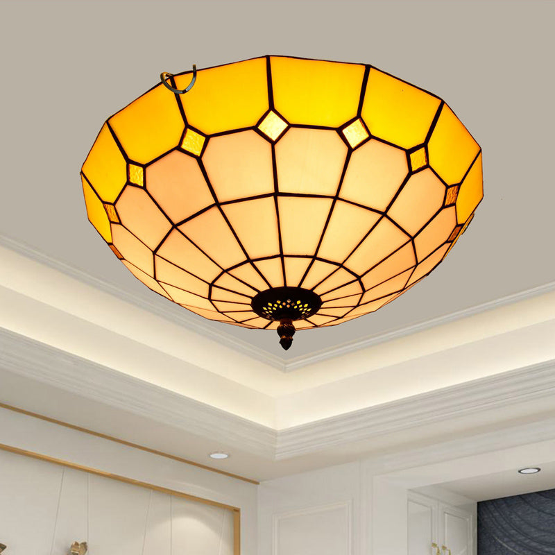 Traditional Bowl Shade Flush Ceiling Light Stained Art Glass Flush Mount Lighting Fixture Yellow 16