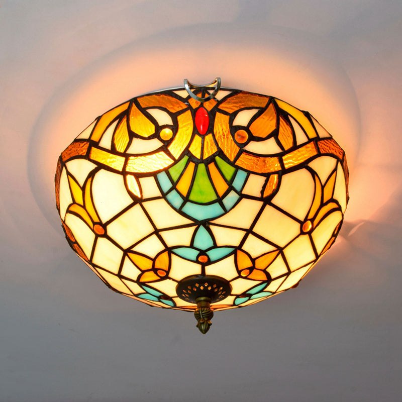 Traditional Bowl Shade Flush Ceiling Light Stained Art Glass Flush Mount Lighting Fixture Beige 12