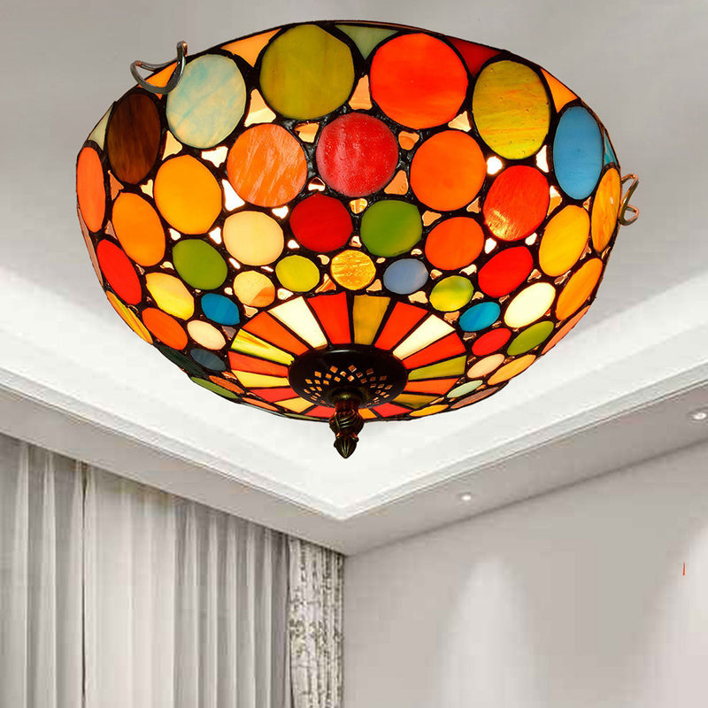 Traditional Bowl Shade Flush Ceiling Light Stained Art Glass Flush Mount Lighting Fixture Red 12