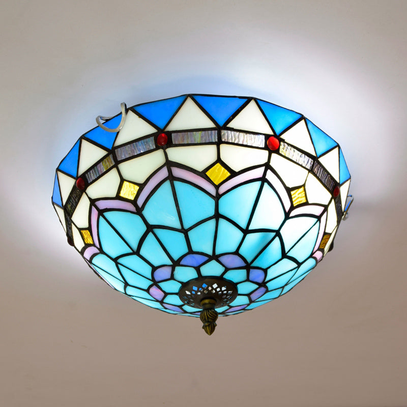 Traditional Bowl Shade Flush Ceiling Light Stained Art Glass Flush Mount Lighting Fixture Blue 12