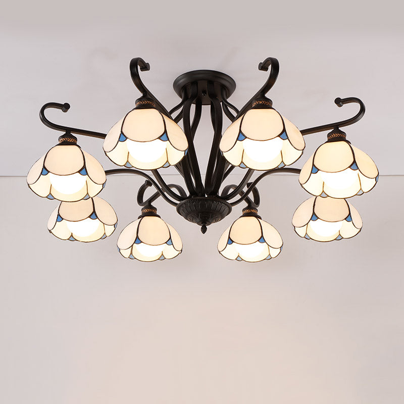 Scalloped Semi Flush Handcrafted Glass Tiffany Ceiling Mount Chandelier for Living Room 8 White Clearhalo 'Ceiling Lights' 'Close To Ceiling Lights' 'Close to ceiling' 'Glass shade' 'Glass' 'Pendant Lights' 'Semi-flushmount' 'Tiffany close to ceiling' 'Tiffany' Lighting' 2186513