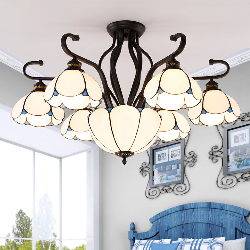 Scalloped Semi Flush Handcrafted Glass Tiffany Ceiling Mount Chandelier for Living Room 7 White Clearhalo 'Ceiling Lights' 'Close To Ceiling Lights' 'Close to ceiling' 'Glass shade' 'Glass' 'Pendant Lights' 'Semi-flushmount' 'Tiffany close to ceiling' 'Tiffany' Lighting' 2186514