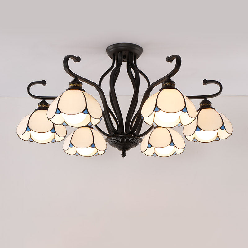 Scalloped Semi Flush Handcrafted Glass Tiffany Ceiling Mount Chandelier for Living Room 6 White Clearhalo 'Ceiling Lights' 'Close To Ceiling Lights' 'Close to ceiling' 'Glass shade' 'Glass' 'Pendant Lights' 'Semi-flushmount' 'Tiffany close to ceiling' 'Tiffany' Lighting' 2186516