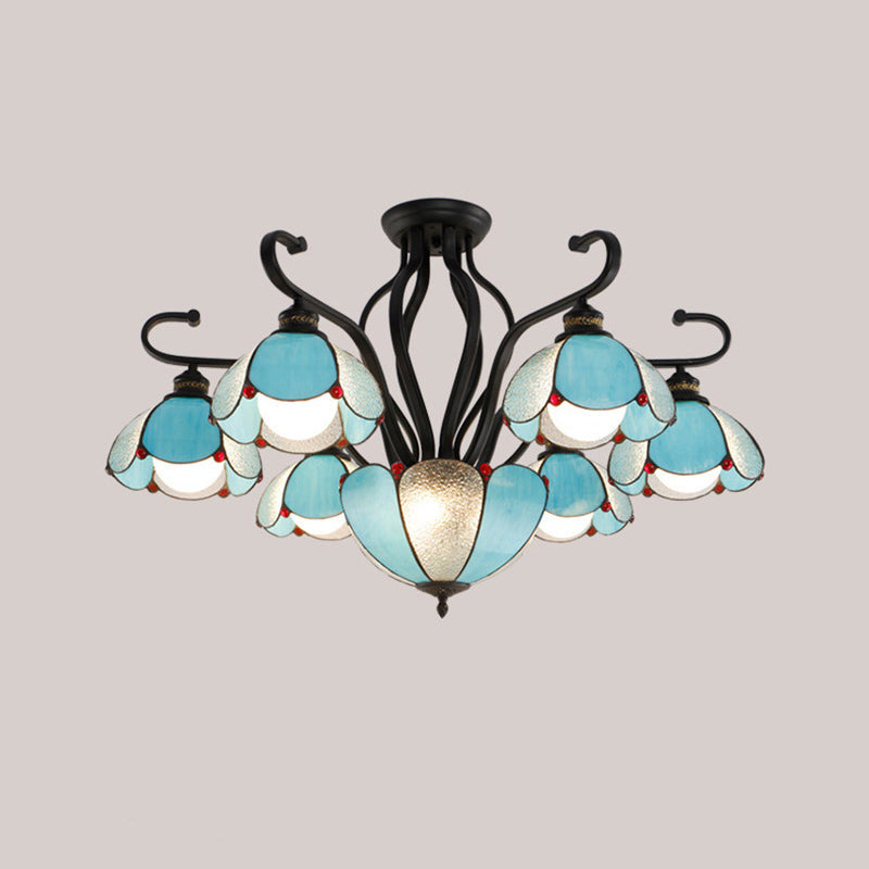 Scalloped Semi Flush Handcrafted Glass Tiffany Ceiling Mount Chandelier for Living Room 7 Blue Clearhalo 'Ceiling Lights' 'Close To Ceiling Lights' 'Close to ceiling' 'Glass shade' 'Glass' 'Pendant Lights' 'Semi-flushmount' 'Tiffany close to ceiling' 'Tiffany' Lighting' 2186522