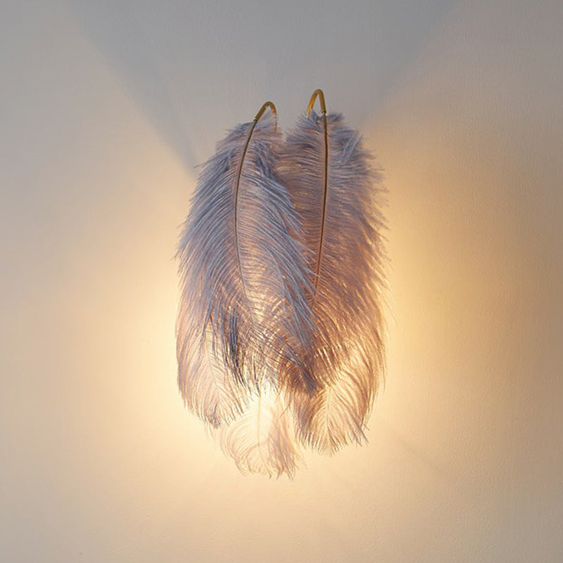 Shaded Girls Bedroom Wall Sconce Feather Single-Bulb Simplistic Wall Mounted Light Grey A Clearhalo 'Modern wall lights' 'Modern' 'Wall Lamps & Sconces' 'Wall Lights' Lighting' 2186739