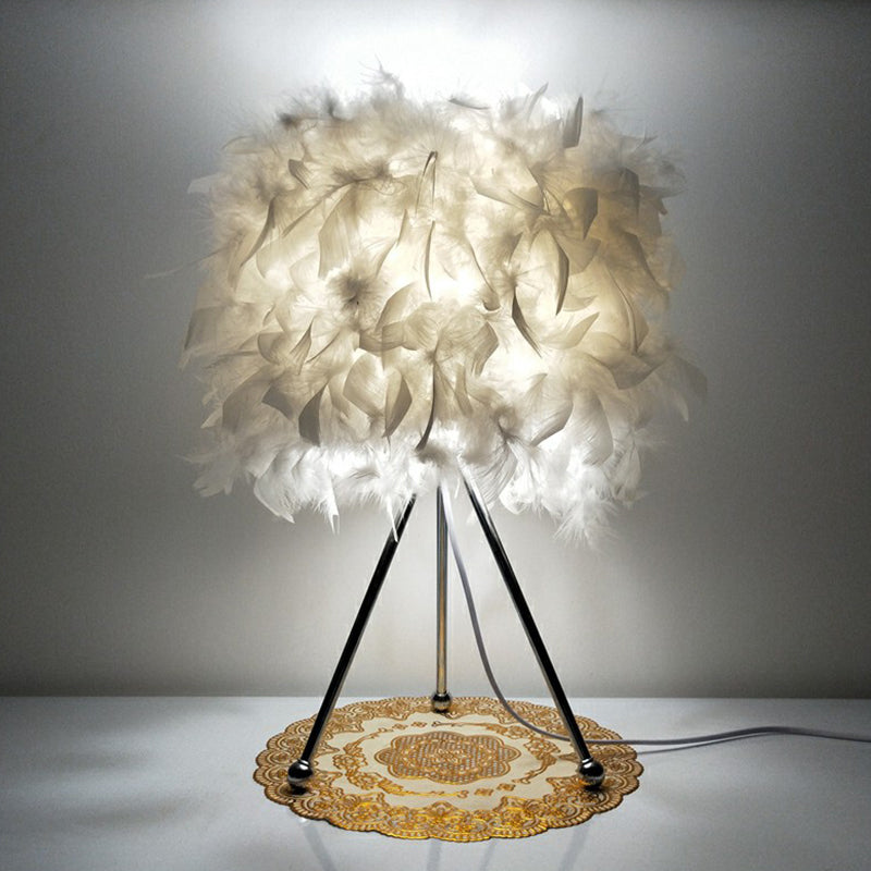 Modern Drum Table Light Feather 1-Light Living Room Nightstand Lighting with Metallic Tripod in White White Clearhalo 'Lamps' 'Table Lamps' Lighting' 2186741